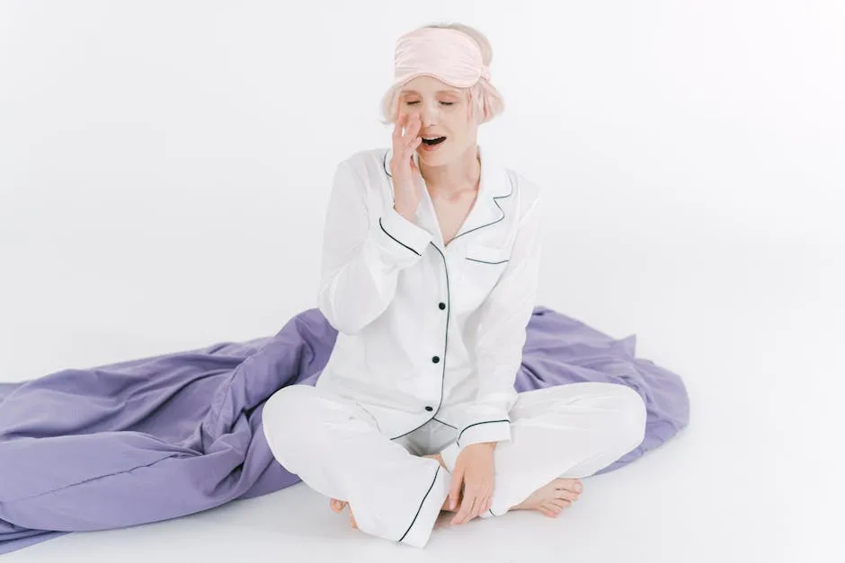 A relaxed woman in white pajamas yawning, sitting on a purple blanket, wearing a sleep mask.