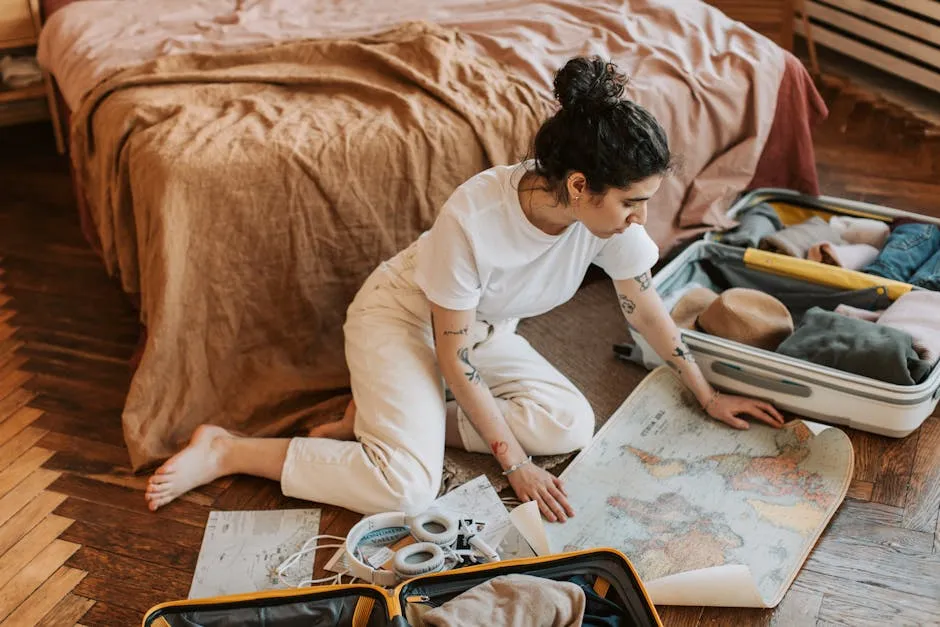 Young woman planning a travel route indoors, surrounded by luggage and a map.
