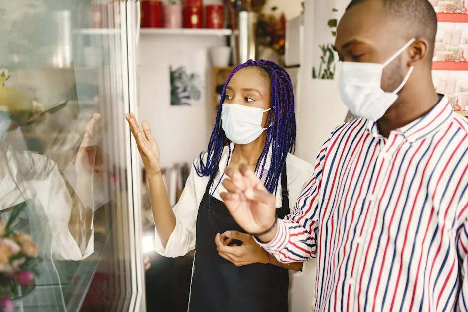 Florist and customer wearing masks in a shop during pandemic precautions.