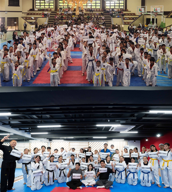 local Taekwondo trainees in the PhilippinesUnder the pictureKim Hyo-joon, Senior Vice President of the World Taekwondo Teachers' Association on the leftKorean Filipino YouTuber Sylvia KimCEO of KTGRZ Lee Dong-Hyung-Joo Kwak