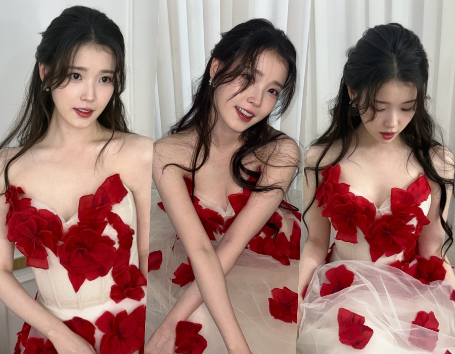아이유, 깊게 파인 넥라인에 은근한 볼륨감 자랑…장미보다 화려한 미모