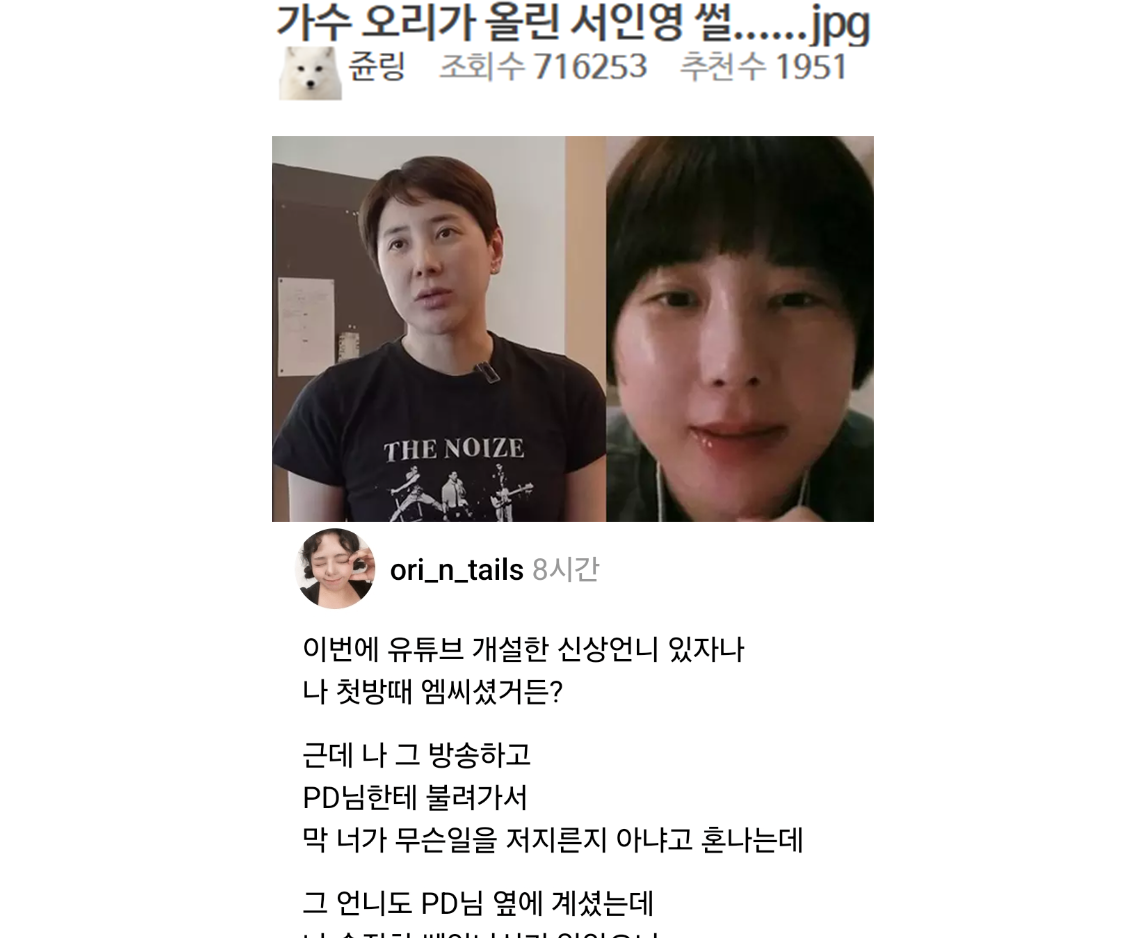 가수 오리가 올린 서인영 썰...