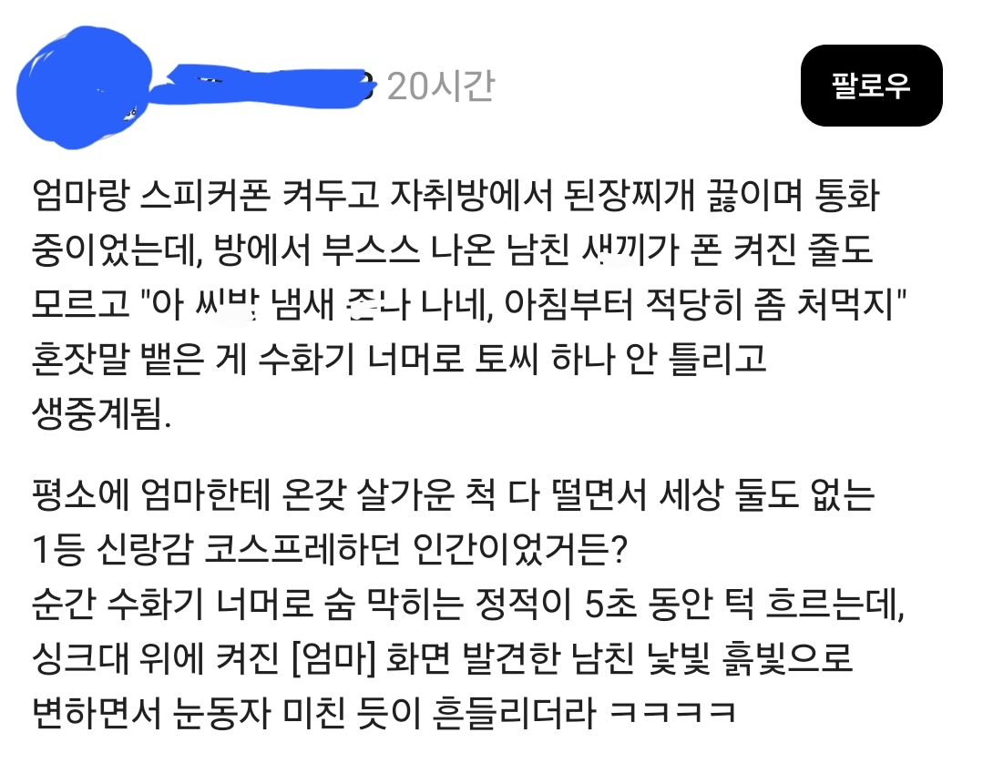 엄마랑 스피커폰 켜두고 자취방에서 된장찌개 끓이며 통화 중이었는데