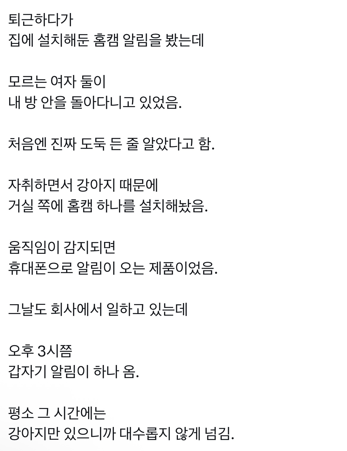 퇴근하다가 집에 설치해둔 홈캠 알림을 봤는데