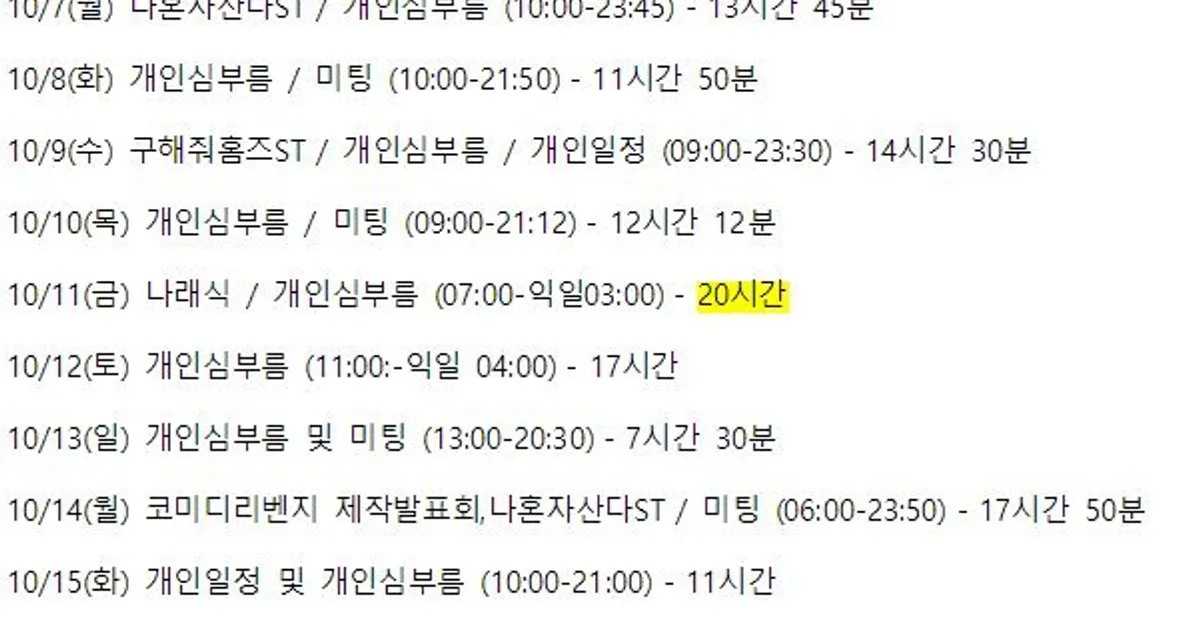 박나래 매니저 평균 근무 시간		,,