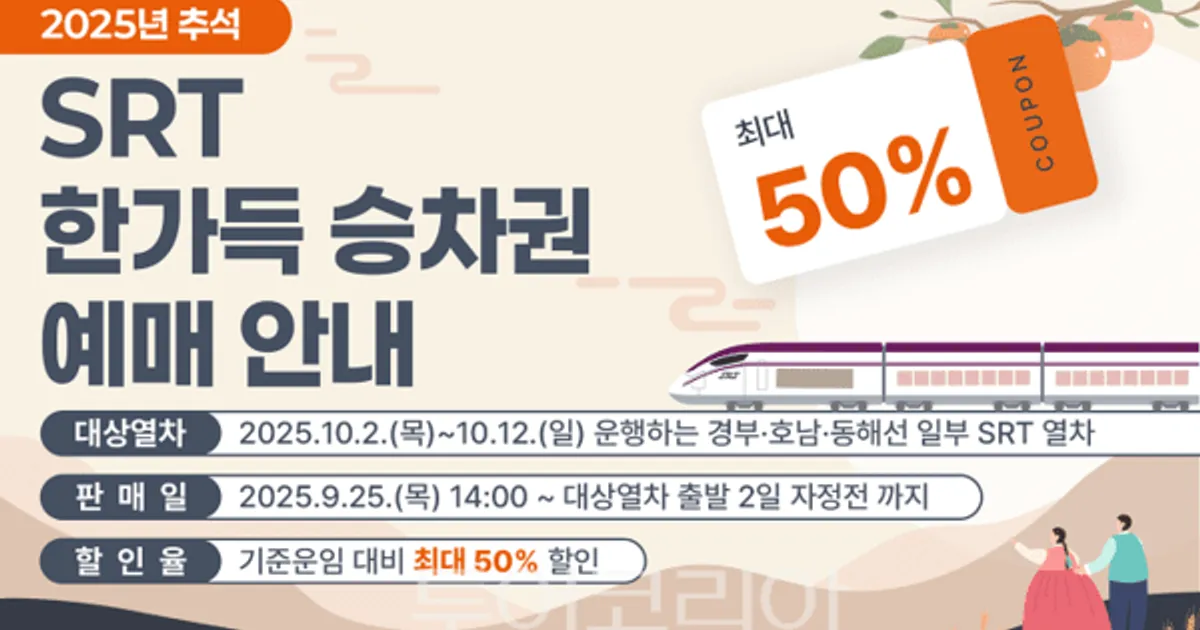 에스알, 추석 연휴 ‘최대 50%’ 운임 할인···‘SRT 한가득 승차권’ 판매